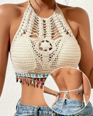 Bohemisches Top Damen Sexy Strand-BH mit Nackenband Sommer Strandmode Boho