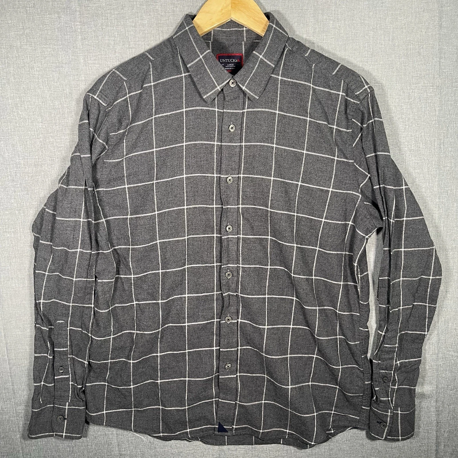 Untuckit Shirt Mens L Gray Windowpane Plaid Twill Flannel Casual Button Up