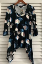 KAREN KANE L Hankerchief Top/Tunic Blue Floral Scoop Neck 3/4 Sleeves NWT