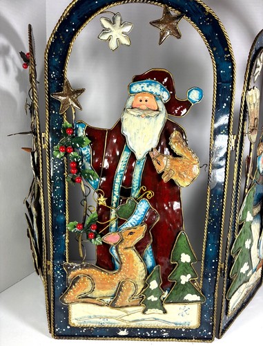 Hand Painted Christmas Fireplace Screen 3 Panel Folding Santa Snowmen Metal 1990