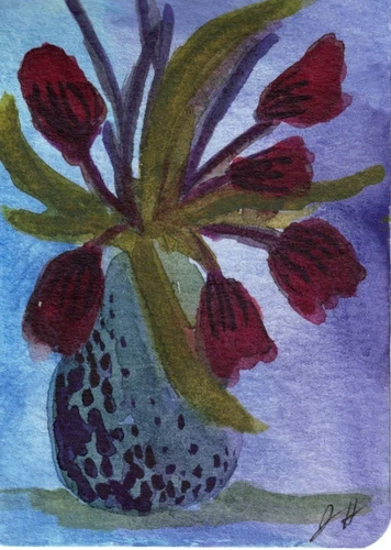 Original ACEO Watercolor Painting Art, Red Flowers in Vase, Artist J. Hincapie