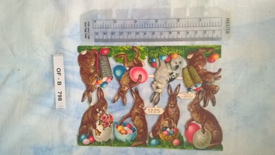 OF-B798 M: Bogen: 8 Osterhasen, Hasen, 1225, alte  Glanzbilder Oblaten Scraps 3D