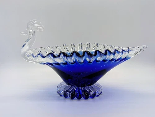 VTG Murano Italian Art Glass Peacock Bowl Handblown Cobalt Blue & Clear
