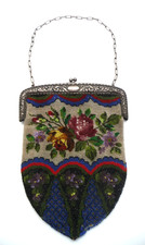 Art Déco Perlentasche Glasperlenstickerei Alpacca um 1930- Blumenkorb- H 25 cm