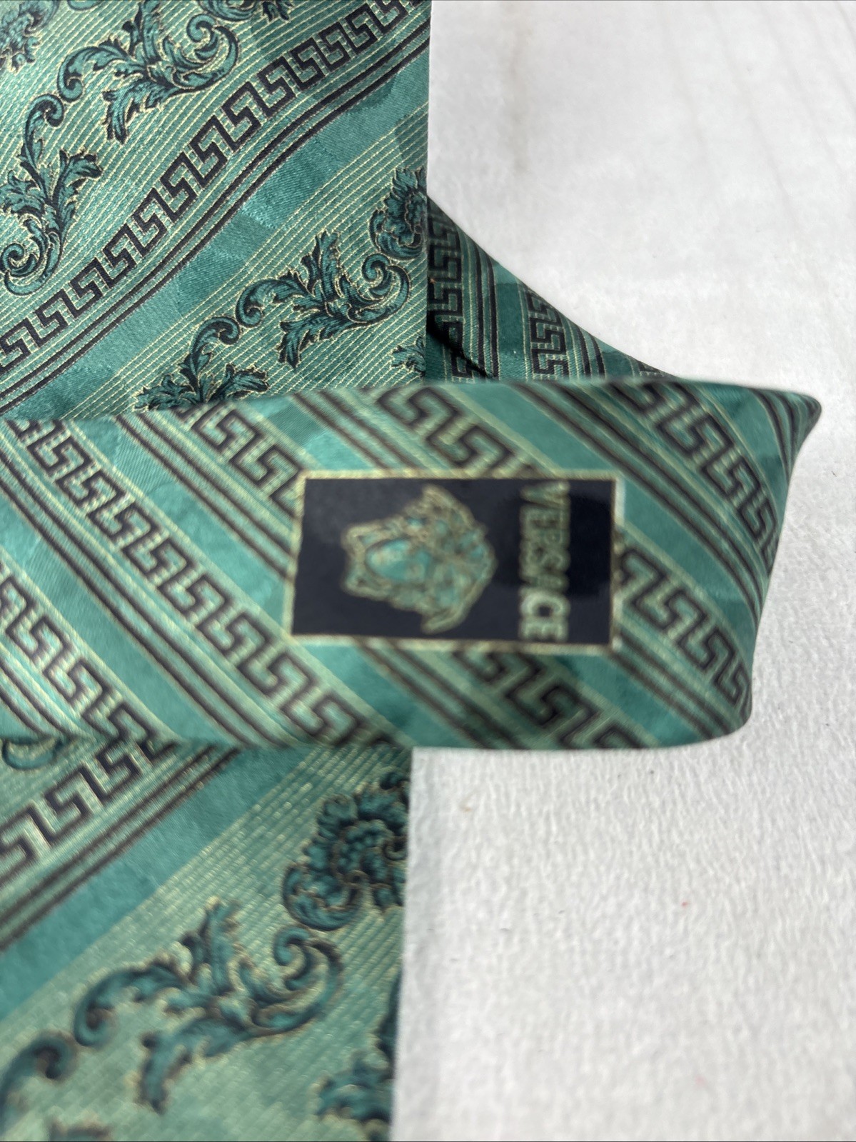 Authentic Versace Greca Pattern Tie in Green Silk - image 4
