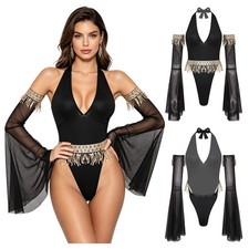 Womens Shiny Sequin Tassel Arabian Bodysuit with Gloves Set Belly Dancing Wear
