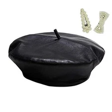 MINGSEECESS Women PU Leather French Black Beret Hat One Size 2 Clip+black