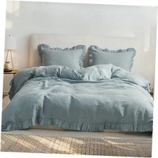 100 Linen Duvet Cover Set, 3 PCS Natural French Queen 88"X92" Dusty Blue