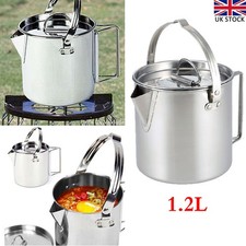 1.2L Stainless Steel Outdoor Picnic Camping Cooking Kettle Hanging Pot w/ Lid UK