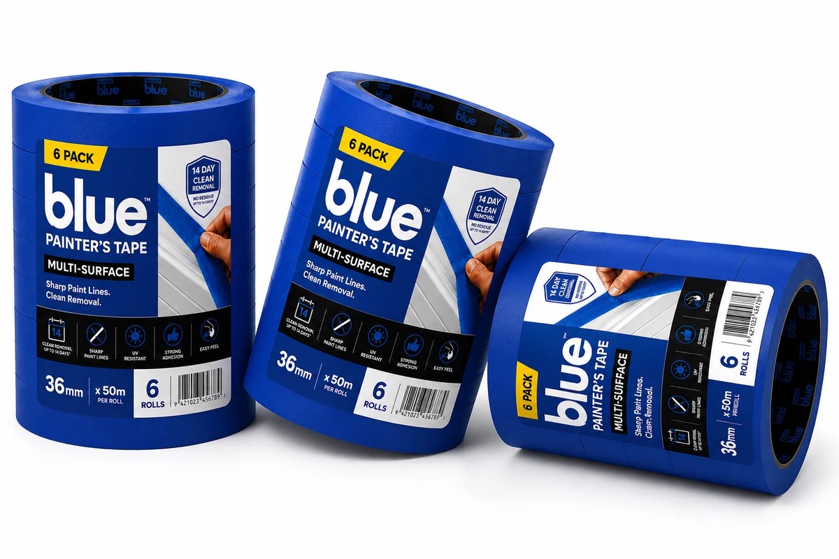 Blue Painter's Masking Tape 36mm x 50m Paint Decor Adhesive Roll 6 Pack
