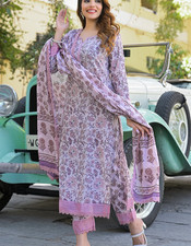 Light Purple Floral Printed Kurta Pant with Dupatta Women Cotton Suit XS-7XL