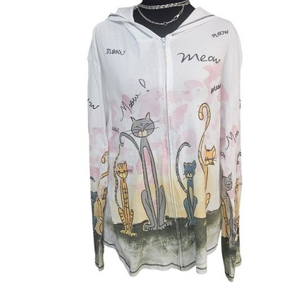 Jess & Jane Meow Meow Cat Graphic Rhinestone Zip Up Hoodie White Plus 2X USA