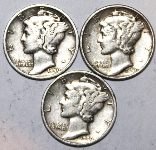 (3) Mercury Dimes - 1940D 1940P 1940S - VF/XF - #0490ED - FREE SHIPPING