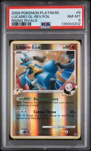 2009 POKEMON PLATINUM RISING RIVALS #8 LUCARIO GL-REVERSE FOIL PSA 8