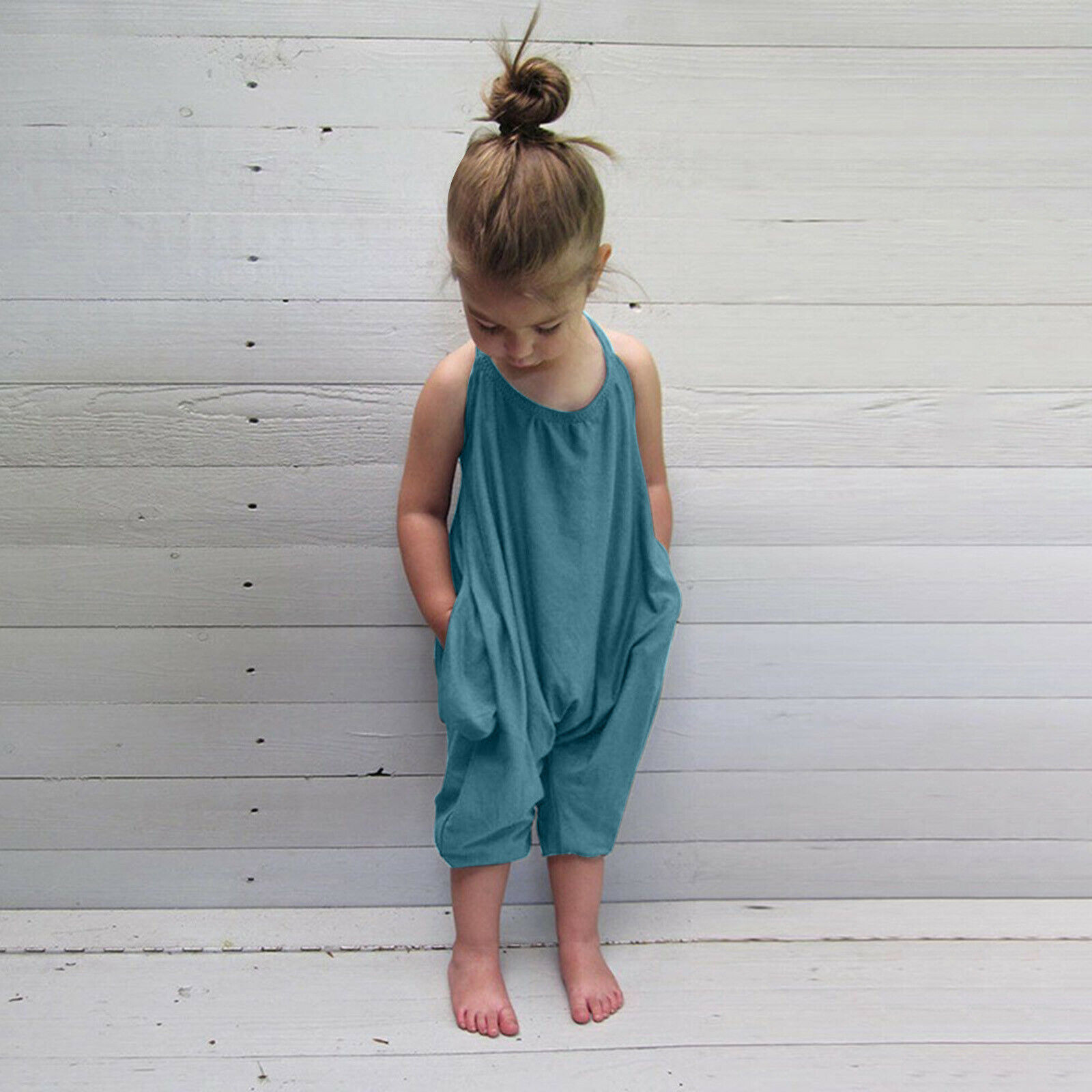 ZDFER Baby Jumpsuit with Pockets,Summer Casual Harem Rompers Kids One Piece Cute Strap Toddler Pants Backless Outfits 