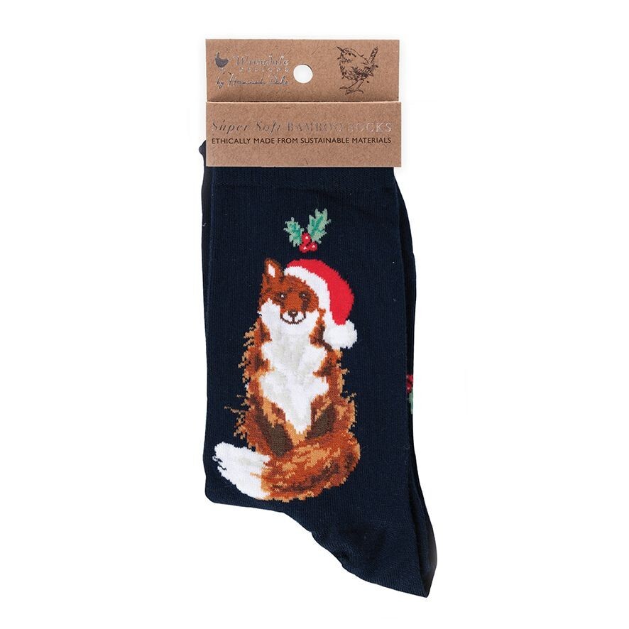 Soft Festive Fox Navy Christmas Bamboo Socks – Wrendale Antibacterial One Size