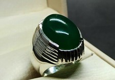 Natural Yemeni Deep Green Agate Men Ring Sterling Silver 925 Handmade Aqeeq Ring