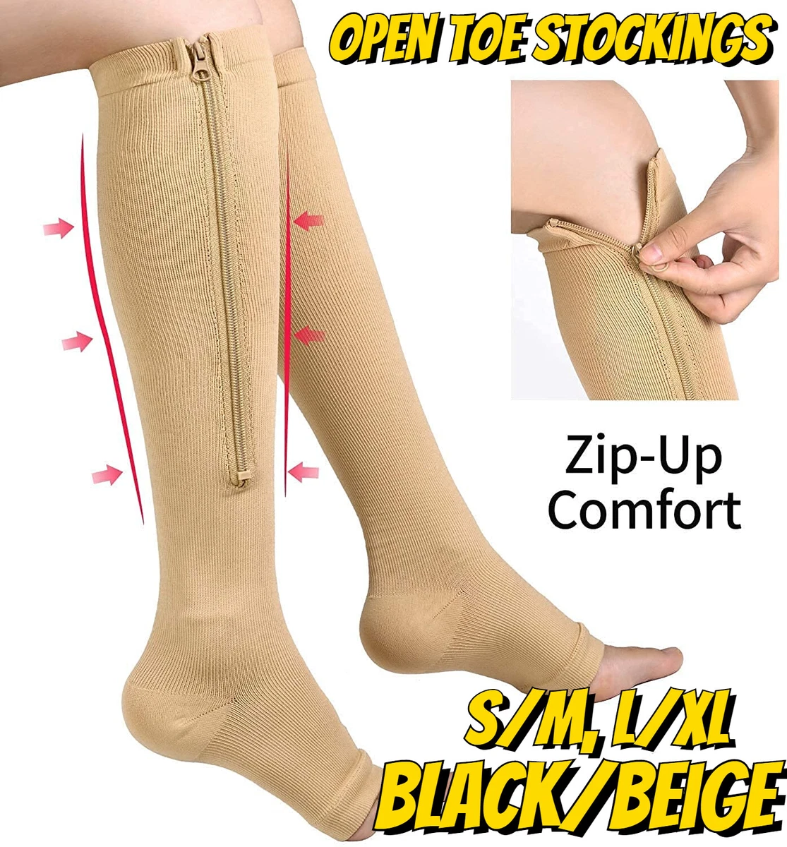 Zip Up Medical Compression Socks Knee High Open Toe Support Stockings  23-32mmHg