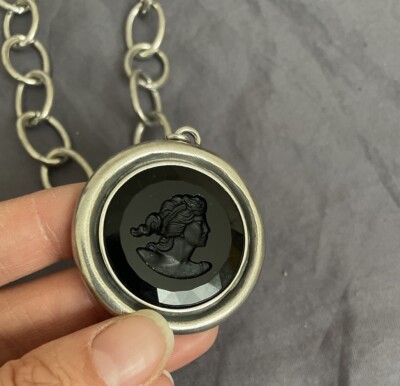 Extasia Vintage Long Chain Necklace With Black Intaglio Cameo Head Pendant