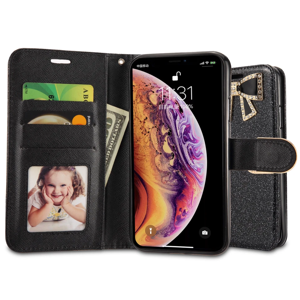 samsung A10/M10 Shiny Leather Sparkle Rhinestone Bling Flip Wallet Case - Image 3 of 4