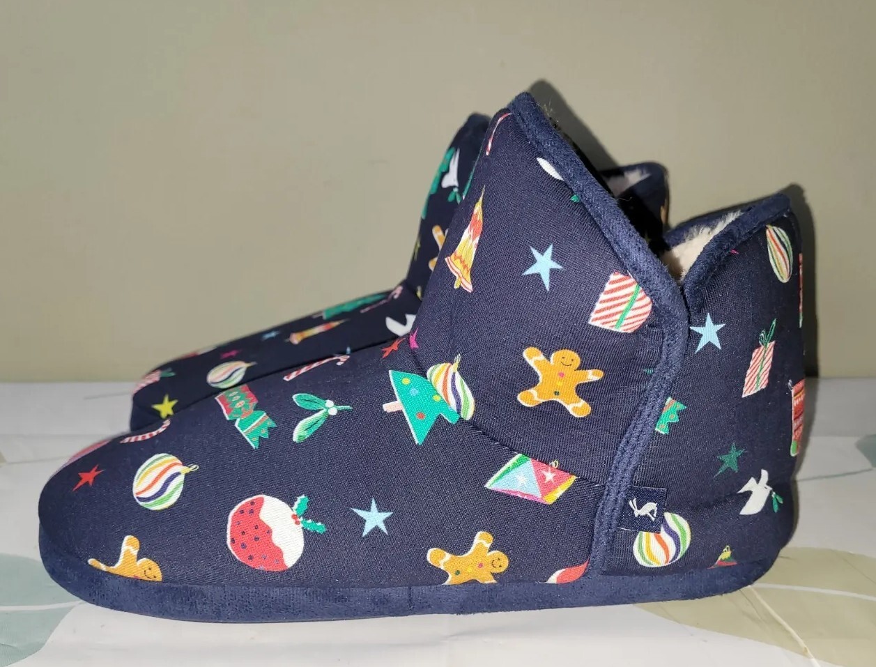 SAOLA STIVALE PANTOFOLE da donna JOULES Christmas Cabin suola in gomma TAGLIA 7 8 blu navy nuove senza etichette