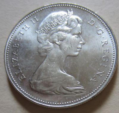 1965 Canada Silver One Dollar Coin. UNC Type2 SB B5. (ID = RJ996