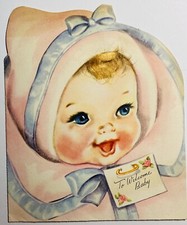 Welcome Baby Greeting Card Embellished Hair Blue Eyes Vintage 50’s Nursery Decor