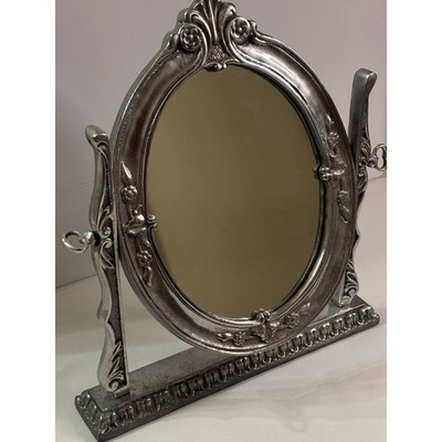 Pewter Silver Ornate Oval Freestanding Vanity Mirror