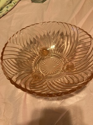 Vintage Anchor Hocking Pink Depression Glass 3 Footed Bowl Prismatic Swirl 8 1/2