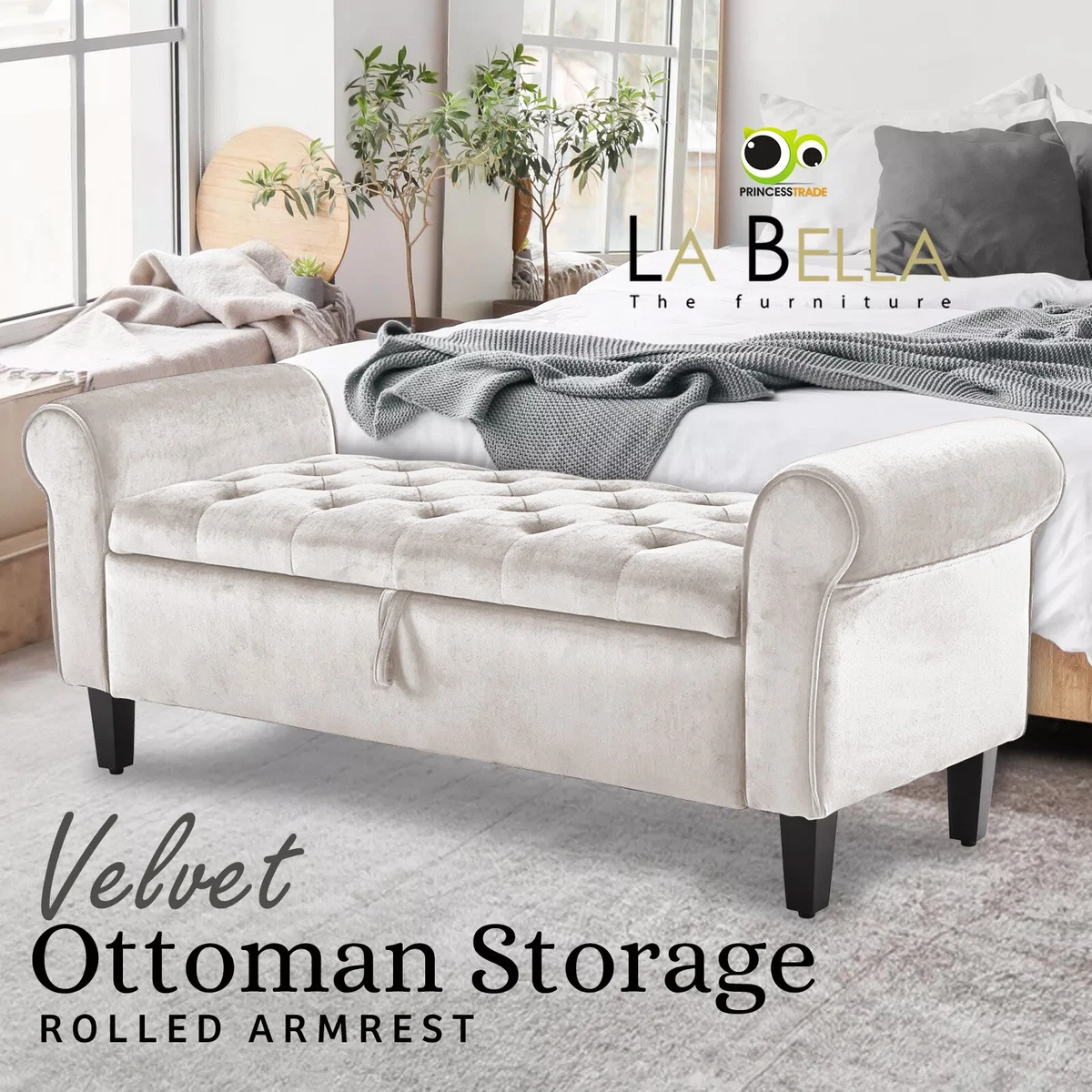 Storage Ottoman Bench Seat Blanket Chest Arm Couch Bed Foot Stool Velvet Large