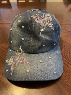 Madd Hatter Denim Butterfly Rhinestone Baseball Hat With Adjustable closure NWT