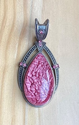 Vibrant Pink Teardrop Shaped Pendant With Rhinestones Silvertone 3 1/4''