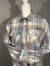 Simply Southern Fleece Shirt Jacket Women  s Blue Beige White Plaid-Size Medium
