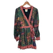 FARM RIO Dress Forest Tapestry Wrap Mini Bead Tassel Tie Print Medium $245 W173