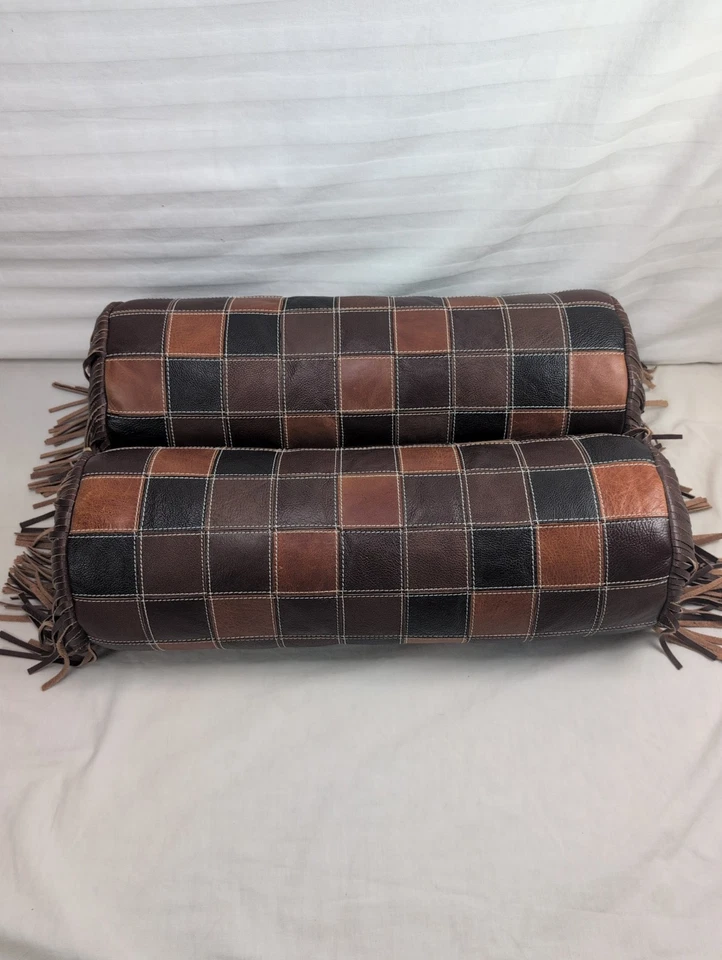Two Leather Patchwork Bolster Throw Pillows w/Leather Fringes At Ends EX Cond. - Image 1 of 4