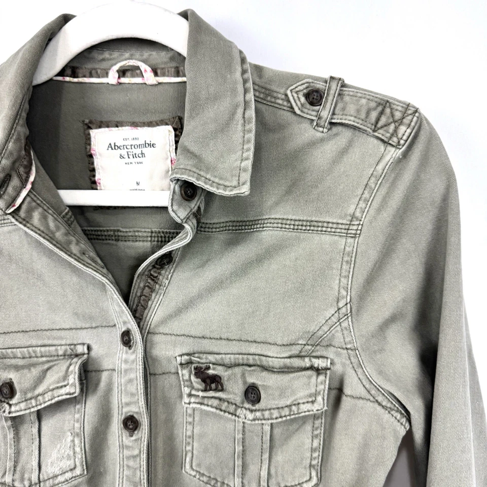 Camisa de franela abotonada verde oliva Abercrombie & Fitch niños niñas talla M 8/10 Y2K Foto 3 de 4