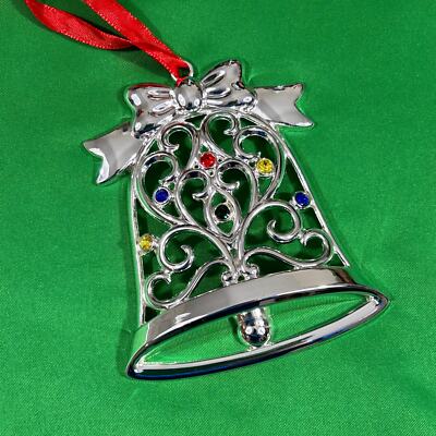 Lenox Sparkle and Scroll Multi Crystal Bell Ornament Silverplate