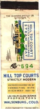 Walsenburg, Colorado Hill Top Courts Modern Cabins Vintage Matchbook Cover