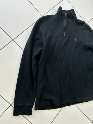 Ralph Lauren Polo Black Red Pony Half Zip Ribbed 100% Cotton