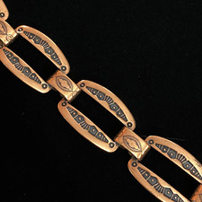 LOVELY 11/16" WIDE ESTATE SOLID COPPER STAMPED DESIGN LINK BRACELET 8 1/2" LONG