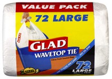 NEW 144 GLAD WAVETOP TIE LARGE 10 GALLON SCENTED TRASH BAGS,2 VALUE PACKS OF 72