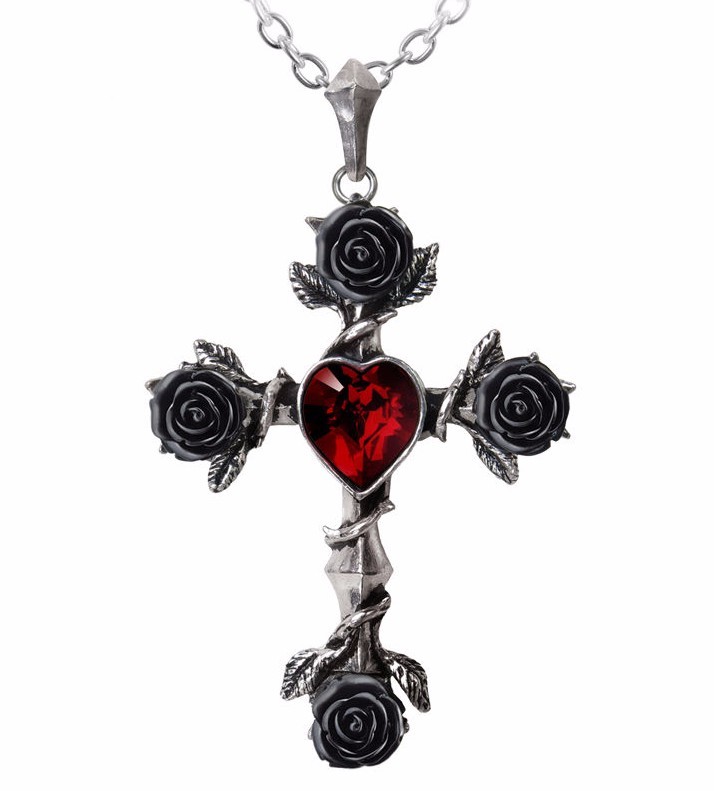 Alchemy Gothic Black Rosifix Cross Pendant Red Heart Black Roses