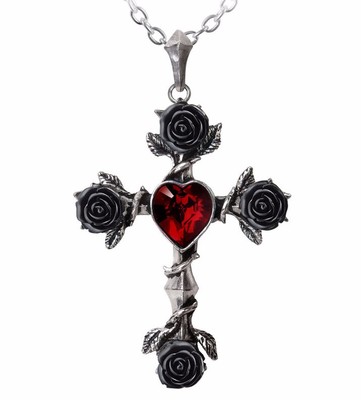 Alchemy Gothic Black Rosifix Cross Pendant Red Heart Black