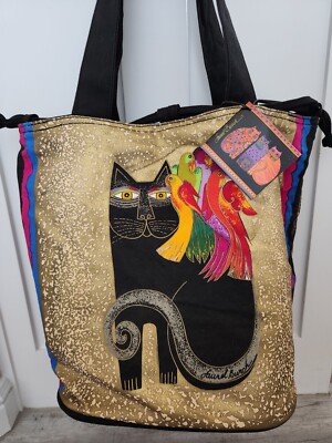 NWT Laurel Burch Cat Parrot Canvas Draw String Tote Bag 12x14x8 w/ Bag Charm