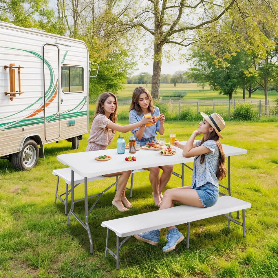 3-Piece Set 2 Folding Benches and 6FT Folding Table for Indoor Outdoor Use White - Image 2 of 4