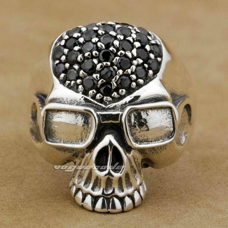 silver925 パイロットスカルリング 925 Sterling Silver Black CZ Stones Pilot Skull Ring Biker
