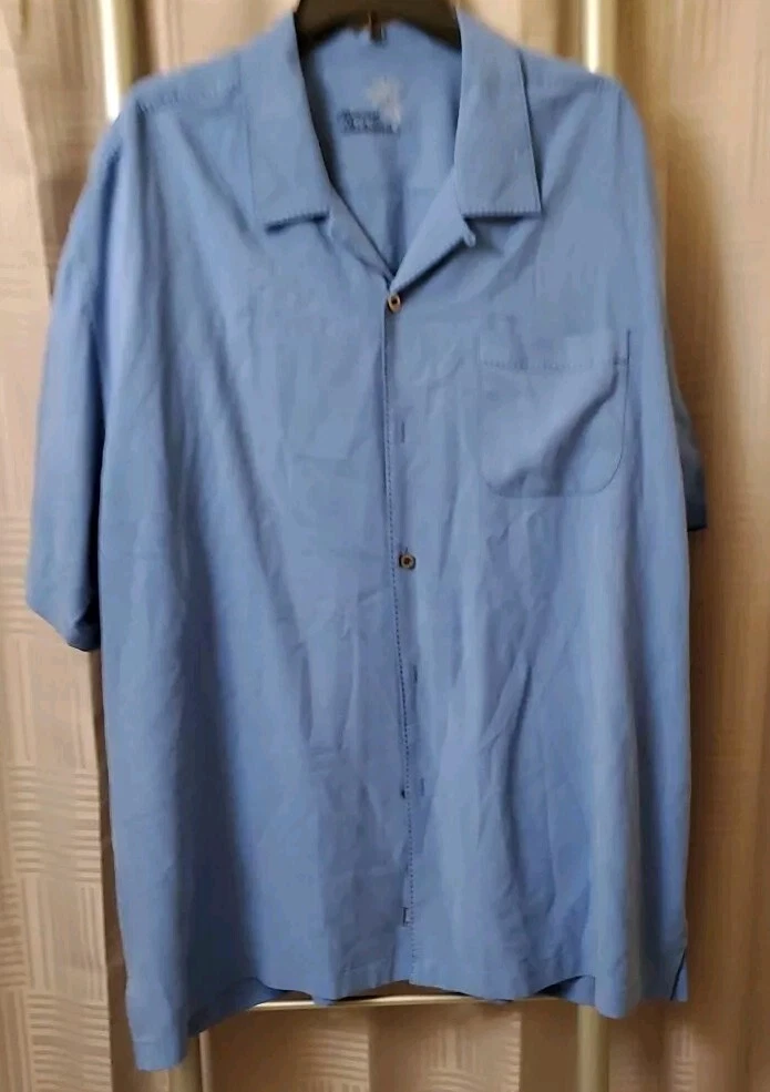 Tommy Bahama Shirt Mens XLX Solid Blue Silk Short Sleeve Camp Collar