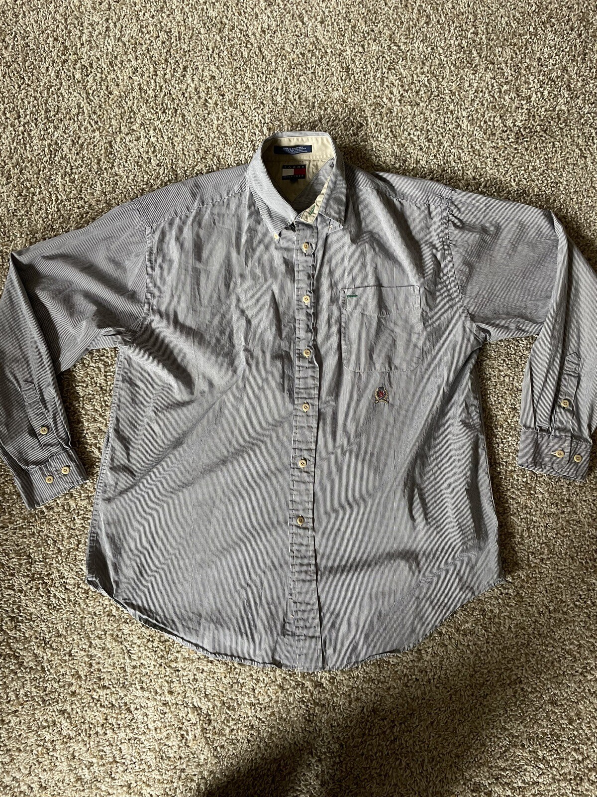 Tommy Hilfiger Shirt Mens L Blue White Striped Long Sleeve Button Down Vintage