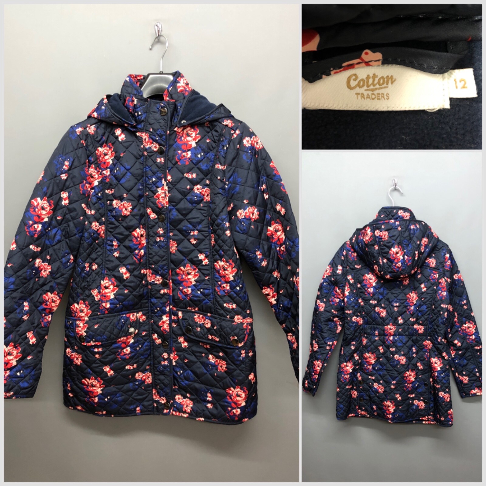 COTTON TRADERS Women's Navy Floral Quilted Hooded Jacket UK 12 EUR 40 Fleece Lin