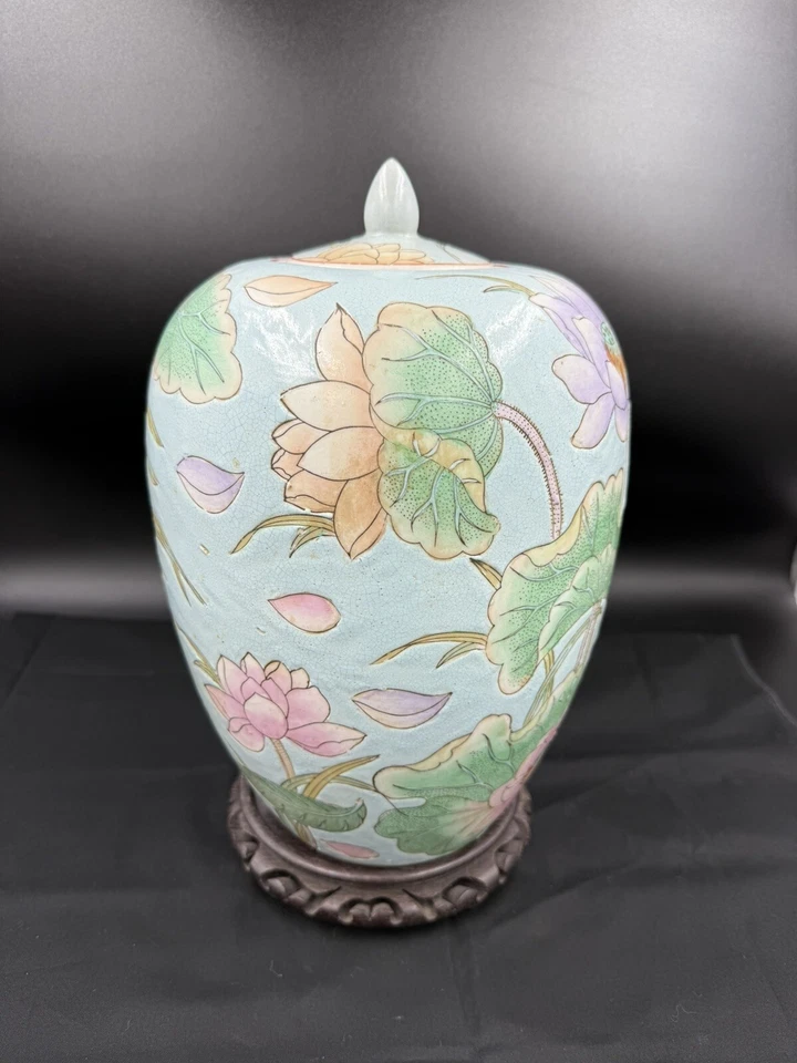 复古 WBI 带盖罐花瓶 14 英寸中国手绘粉彩莲花蓝色绿色 — 第 4/4 张图片